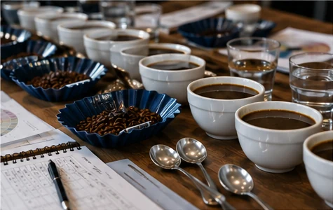 Professional coffee sensory evaluation table with cupping bowls, spoons, coffee samples and evaluation materials.